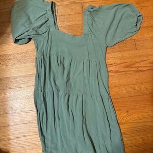 Classic Sage Green Puff-Sleeve Midi Dress